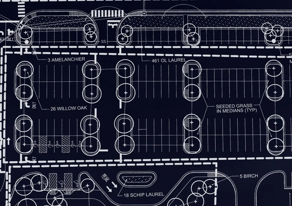 A very detailed diagram showing the landscaping and parking lot lines in a new construction